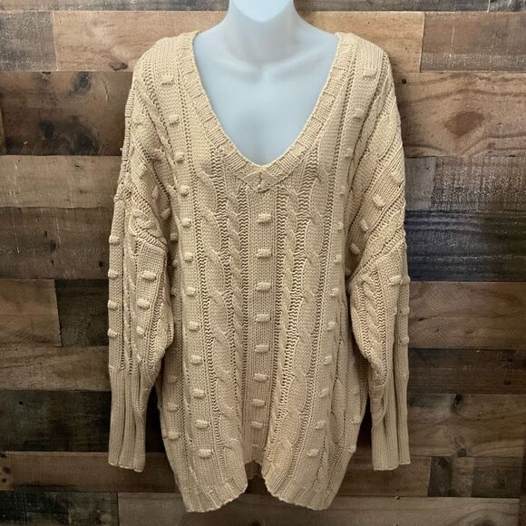 AFRM Sweater Tunic Chunky Cable Knit V Neck Tan Sand Boston Long Oversized XS/S - Picture 10 of 10
